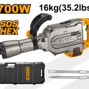 Martillo Demoledor 1700 16kg + 2 Cinceles + Estuche Ingco